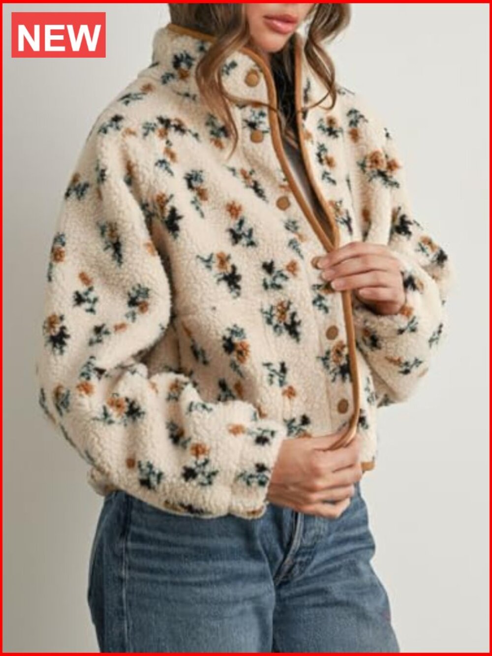 Fluffy Teddy Fleece Jacket with Snap Buttons and Pockets - Picture 3 of 7
